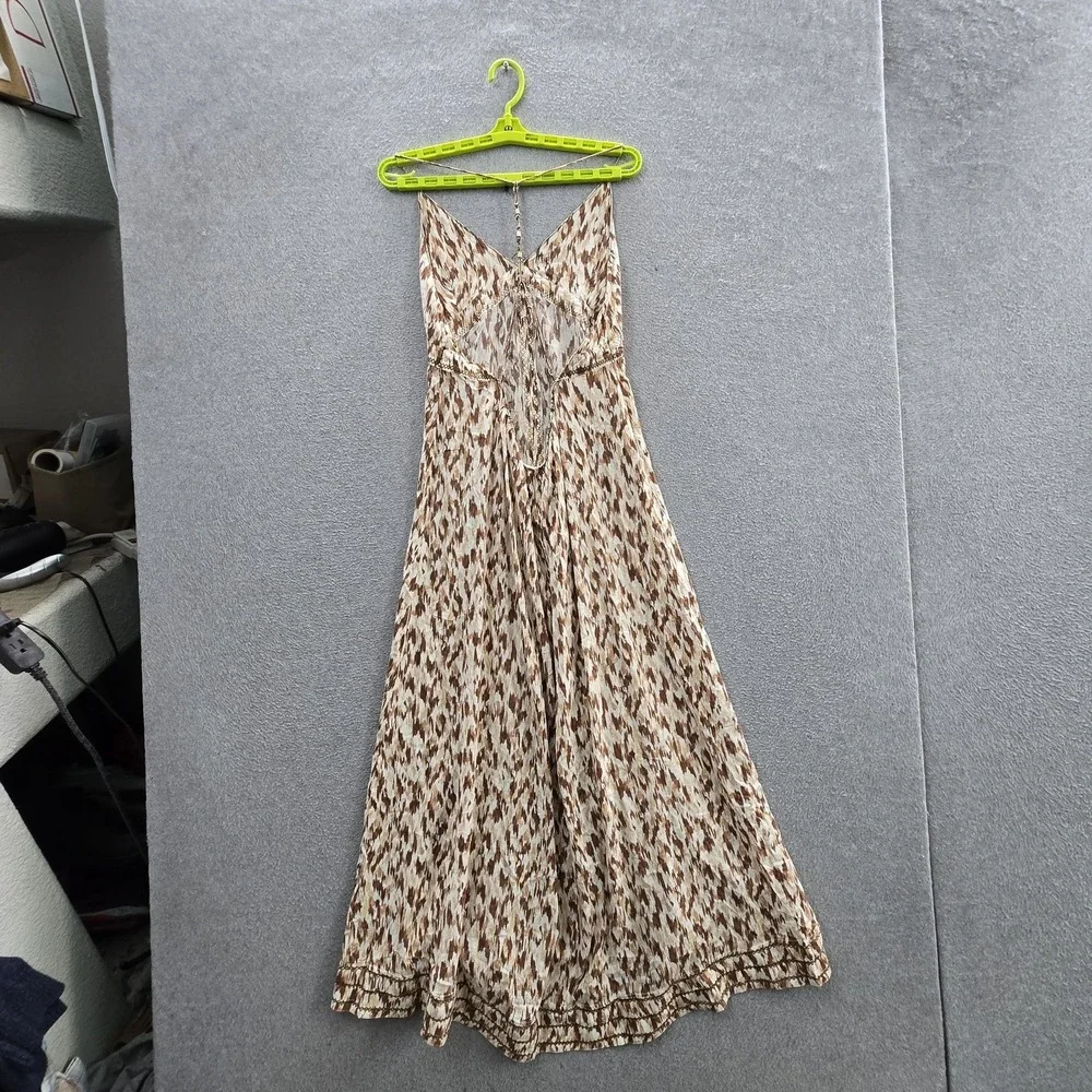 Aerie Women Dress L Brown Geometric Maxi Sundress Cottagecore Strap Sleeveless - Picture 9 of 11
